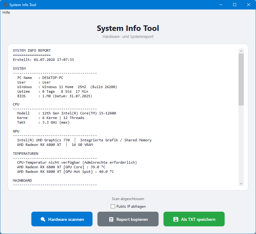 Screenshot des System Info Tools mit C# und WPF